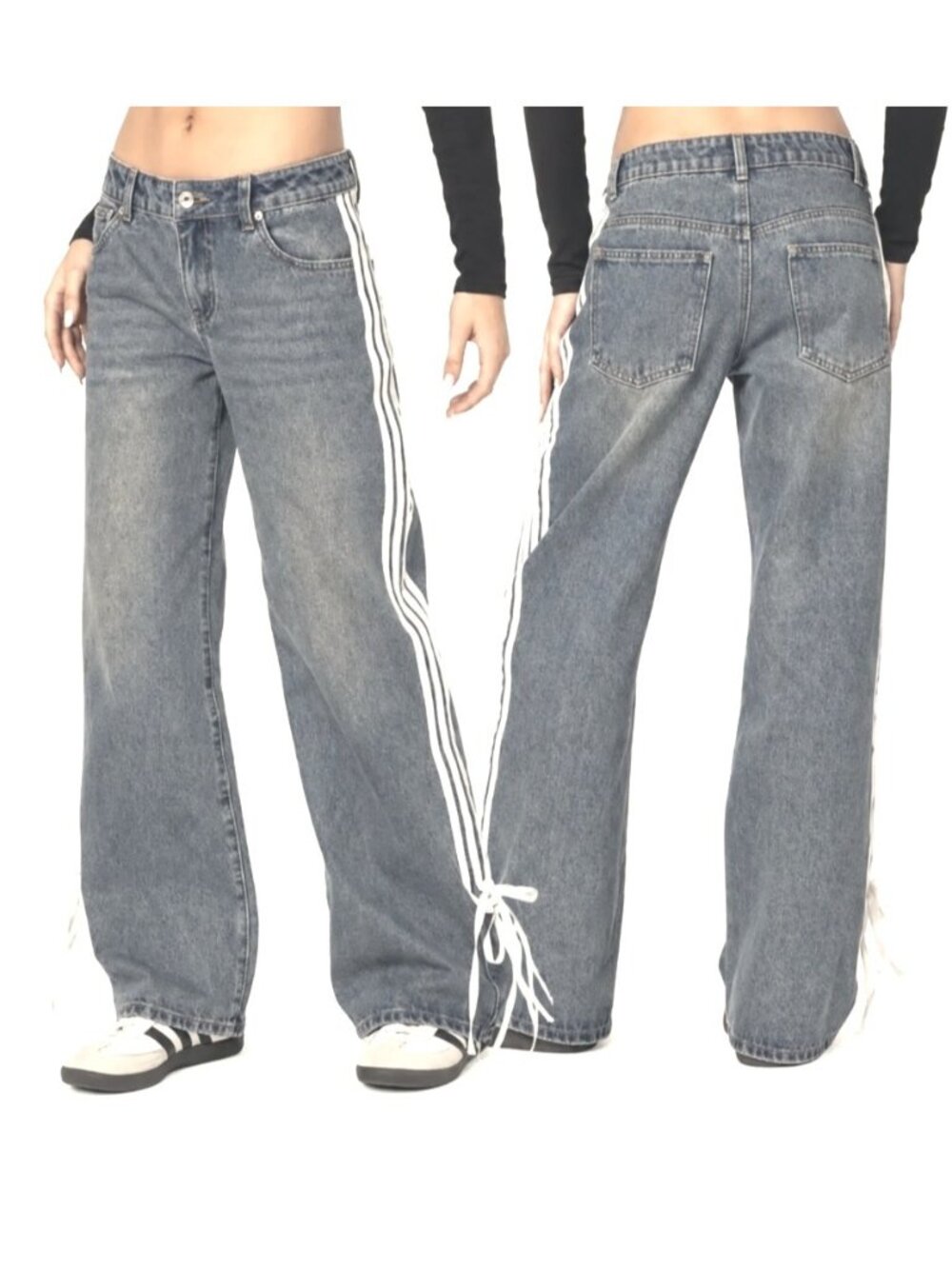 Edikted Mattie High Rise Wide Leg Jeans White Side Stripes Blue Denim Size Small